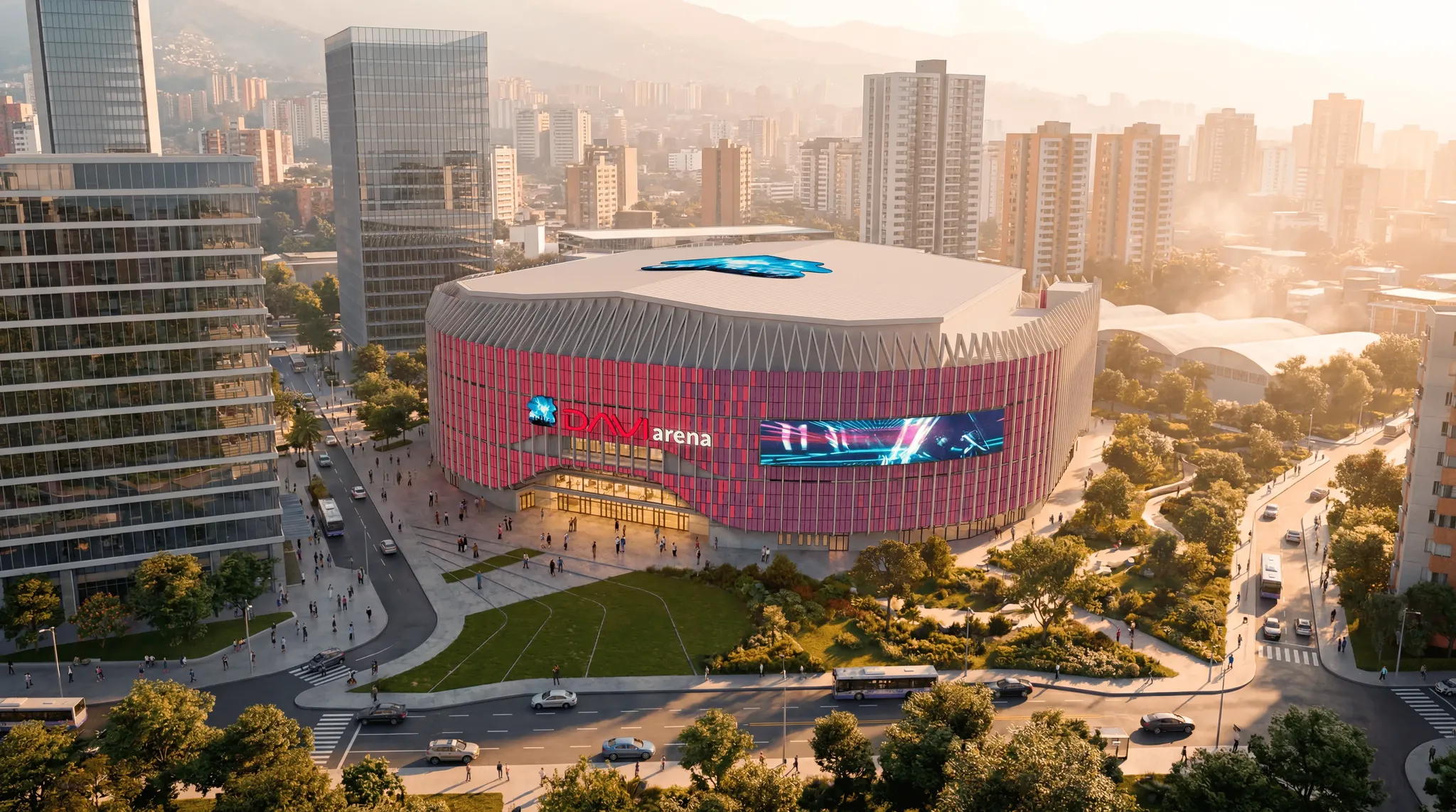 Render panorámico de DAVIarena y su entorno urbano en Sabaneta